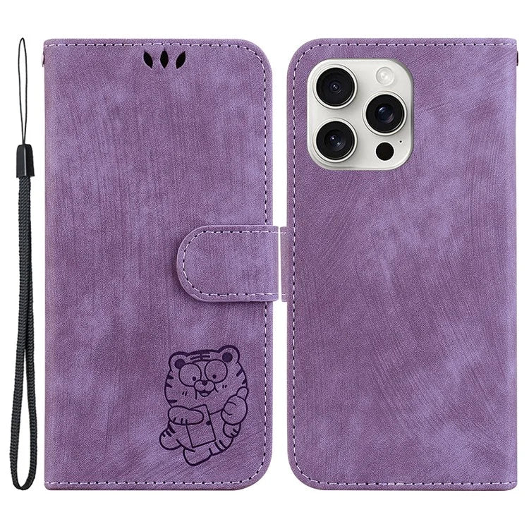For iPhone 16 Pro Stand Case Cute Tiger Imprint Leather Wallet Phone Cover