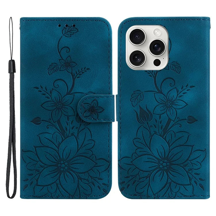 For iPhone 16 Pro Wallet Case PU Leather Phone Cover Flower Imprinted