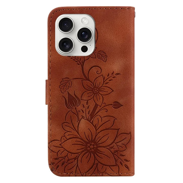 For iPhone 16 Pro Wallet Case PU Leather Phone Cover Flower Imprinted
