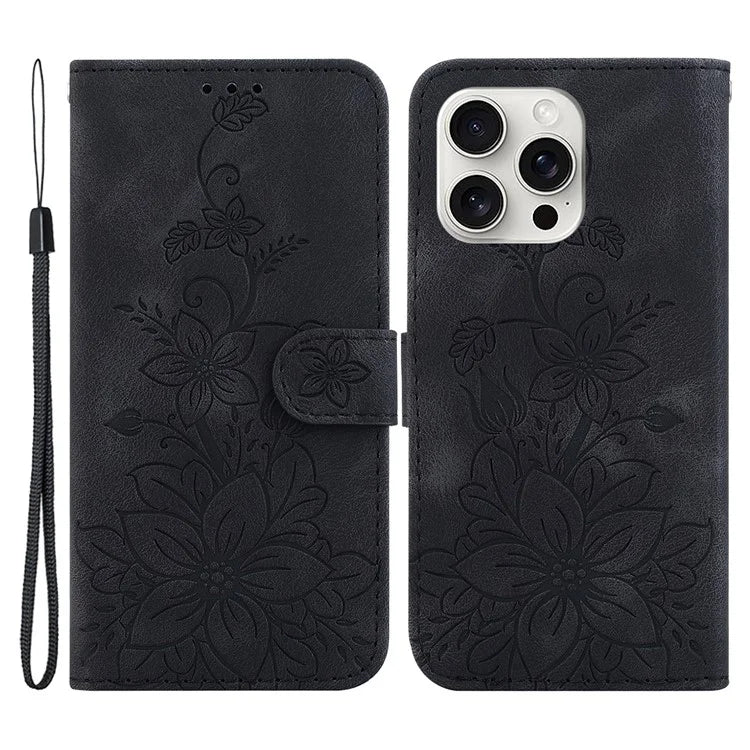 For iPhone 16 Pro Wallet Case PU Leather Phone Cover Flower Imprinted