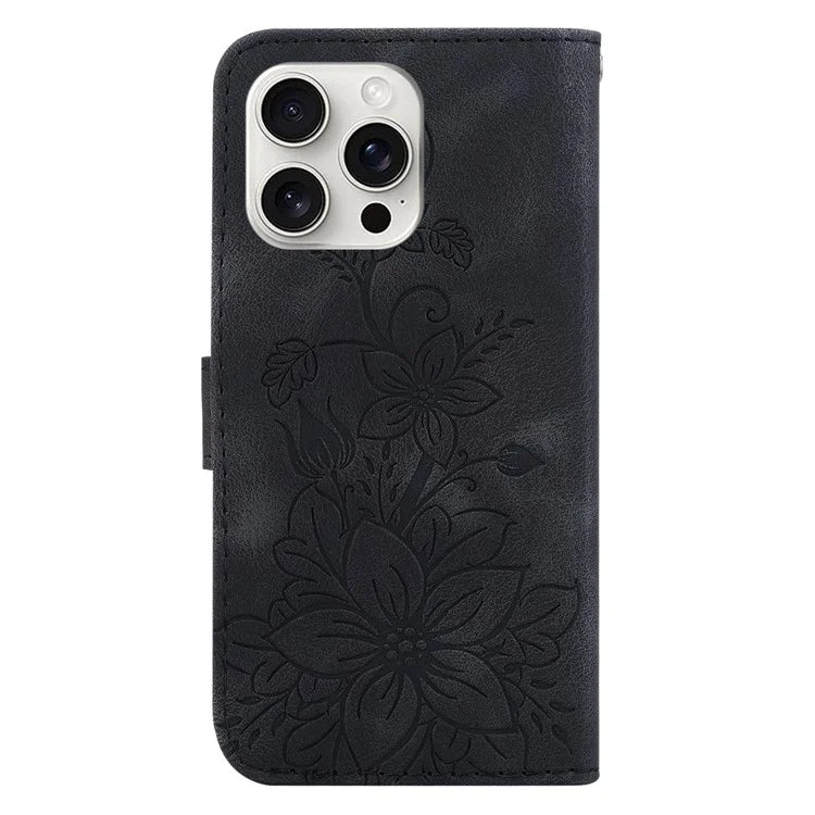 For iPhone 16 Pro Wallet Case PU Leather Phone Cover Flower Imprinted