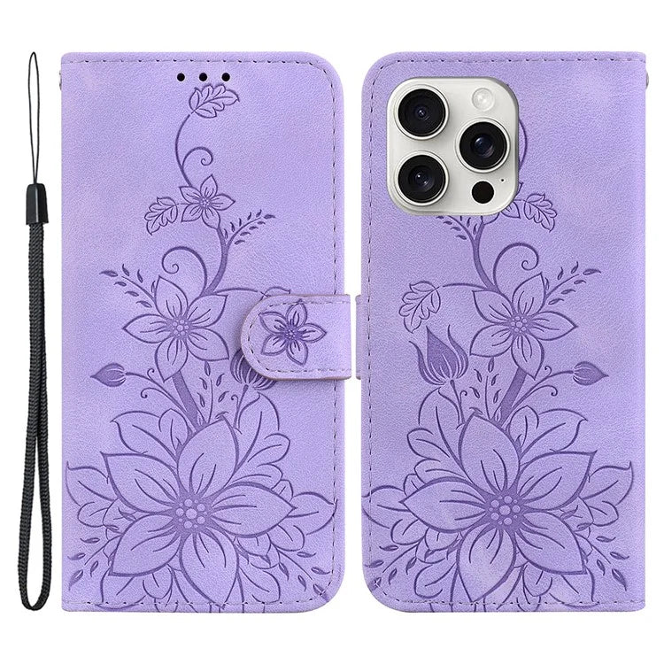 For iPhone 16 Pro Wallet Case PU Leather Phone Cover Flower Imprinted