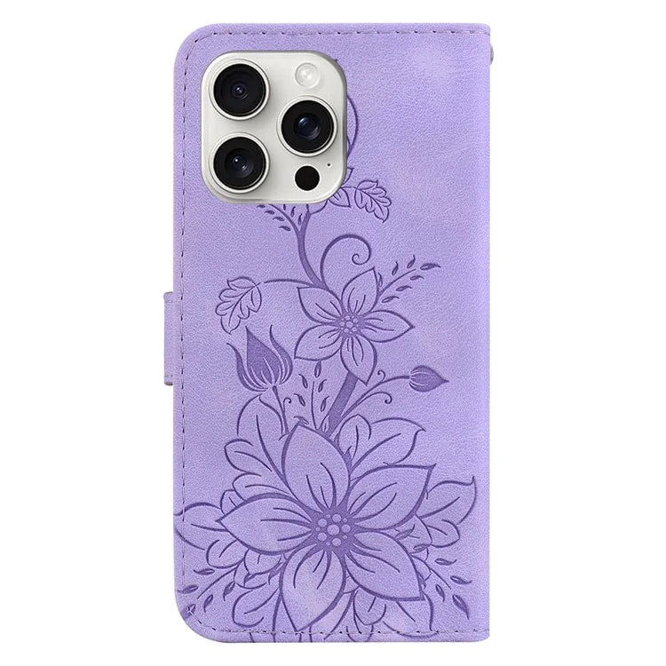 For iPhone 16 Pro Wallet Case PU Leather Phone Cover Flower Imprinted