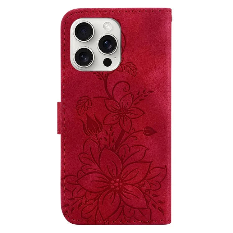 For iPhone 16 Pro Wallet Case PU Leather Phone Cover Flower Imprinted