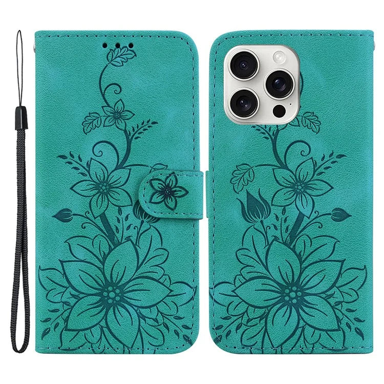 For iPhone 16 Pro Wallet Case PU Leather Phone Cover Flower Imprinted