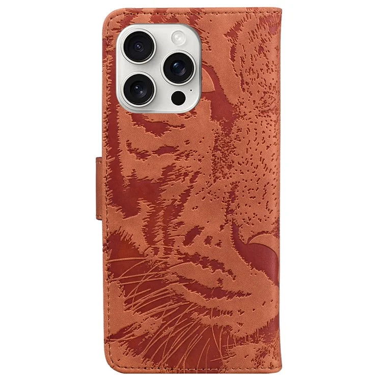 For iPhone 16 Pro Case Tiger Imprint Leather Shockproof Wallet Phone Cover
