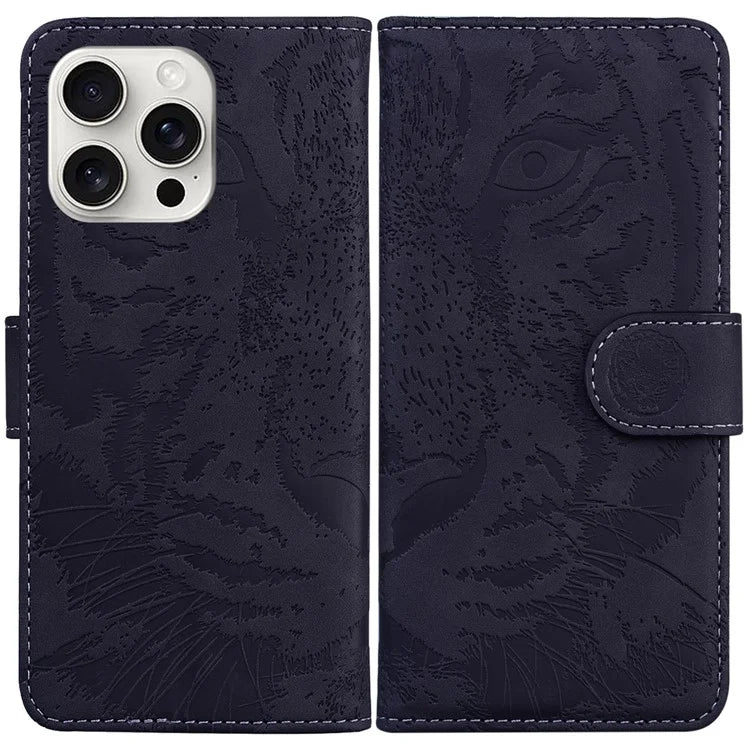 For iPhone 16 Pro Case Tiger Imprint Leather Shockproof Wallet Phone Cover