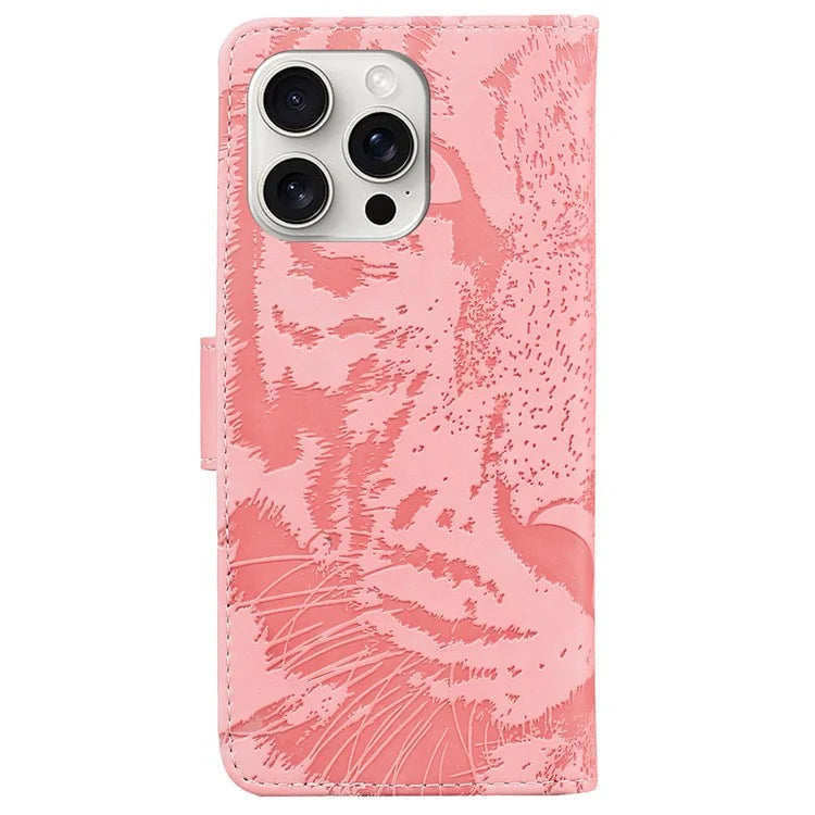 For iPhone 16 Pro Case Tiger Imprint Leather Shockproof Wallet Phone Cover
