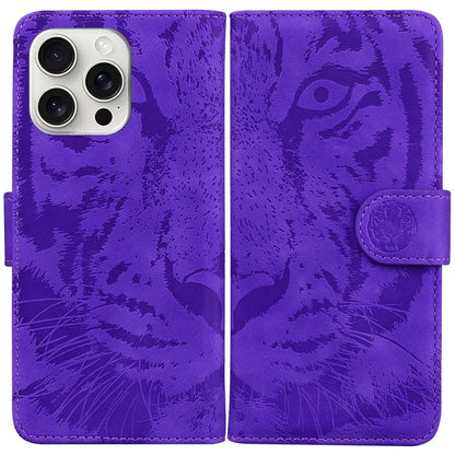 For iPhone 16 Pro Case Tiger Imprint Leather Shockproof Wallet Phone Cover