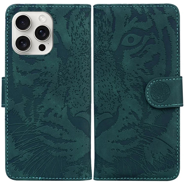 For iPhone 16 Pro Case Tiger Imprint Leather Shockproof Wallet Phone Cover