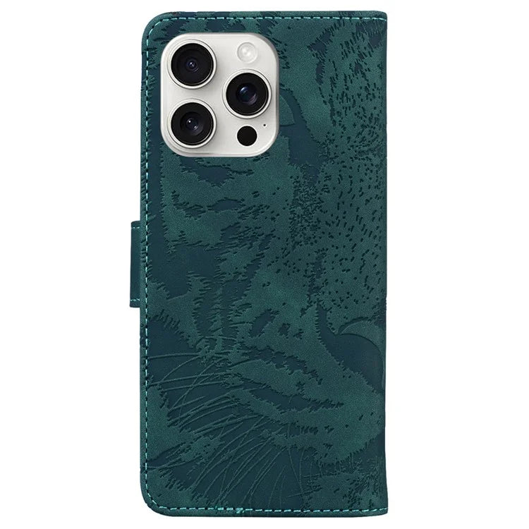 For iPhone 16 Pro Case Tiger Imprint Leather Shockproof Wallet Phone Cover