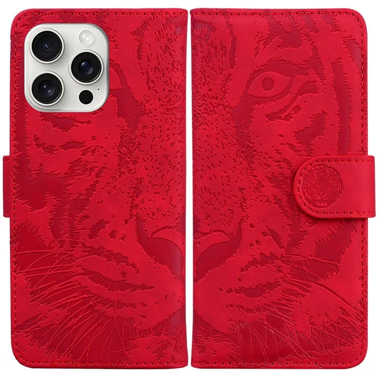 For iPhone 16 Pro Case Tiger Imprint Leather Shockproof Wallet Phone Cover
