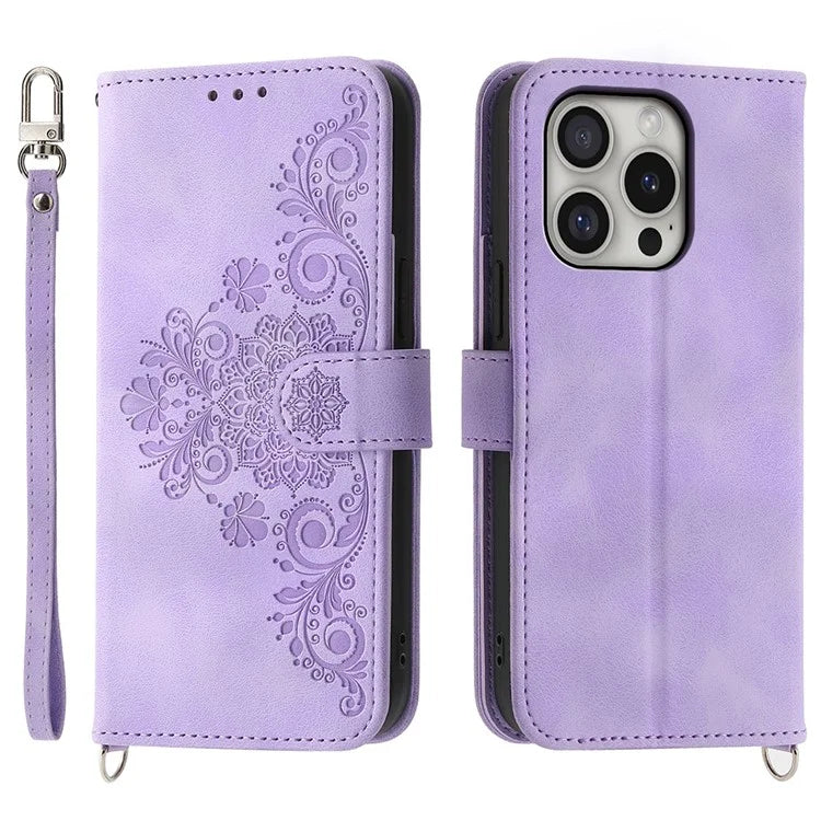 For iPhone 16 Pro Leather Case Multiple Card Slots Phone Cover with 2 Straps