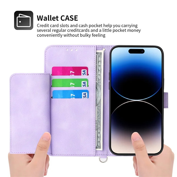 For iPhone 16 Pro Leather Case Multiple Card Slots Phone Cover with 2 Straps