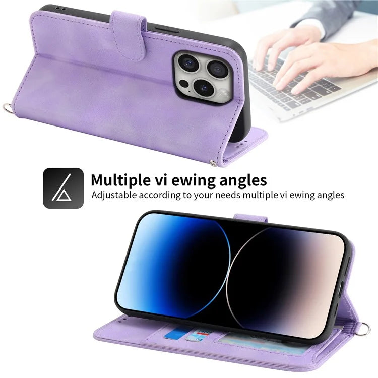 For iPhone 16 Pro Leather Case Multiple Card Slots Phone Cover with 2 Straps