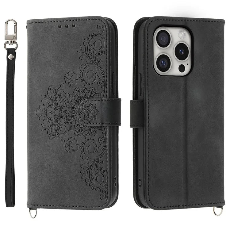 For iPhone 16 Pro Leather Case Multiple Card Slots Phone Cover with 2 Straps