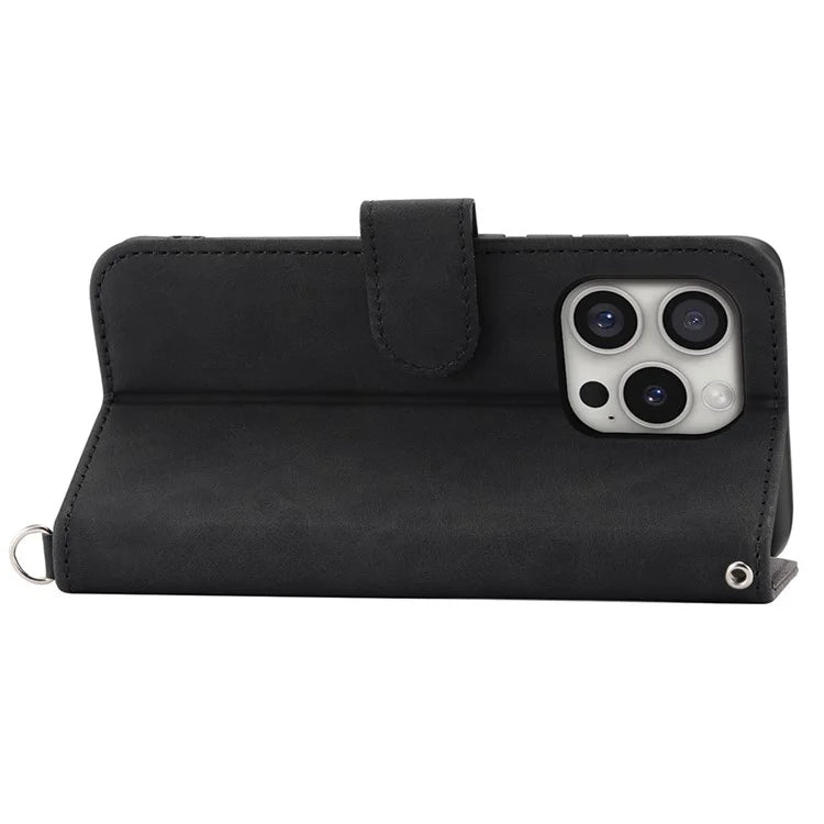 For iPhone 16 Pro Leather Case Multiple Card Slots Phone Cover with 2 Straps