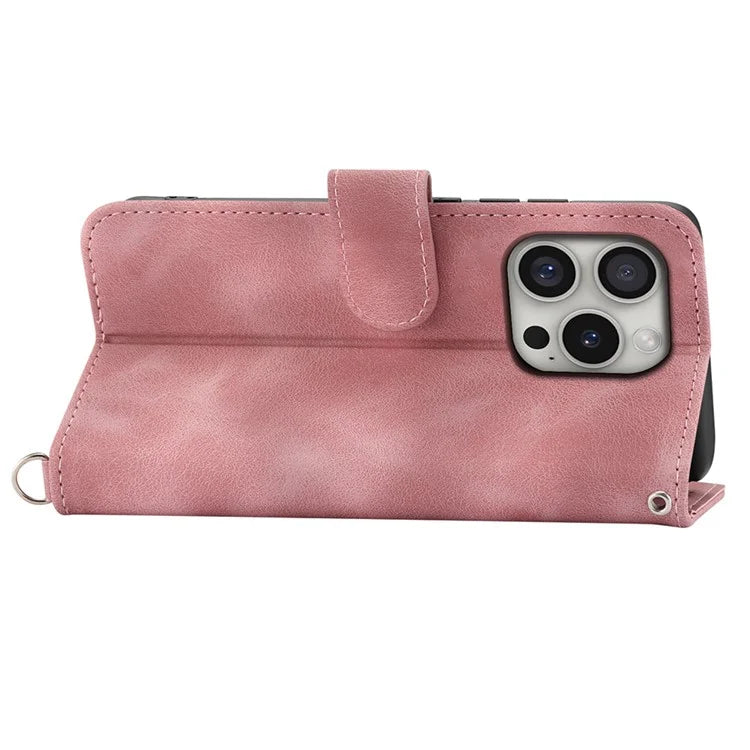 For iPhone 16 Pro Leather Case Multiple Card Slots Phone Cover with 2 Straps