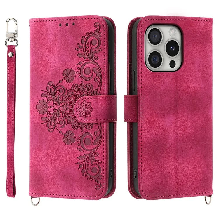 For iPhone 16 Pro Leather Case Multiple Card Slots Phone Cover with 2 Straps