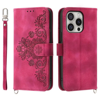 For iPhone 16 Pro Leather Case Multiple Card Slots Phone Cover with 2 Straps