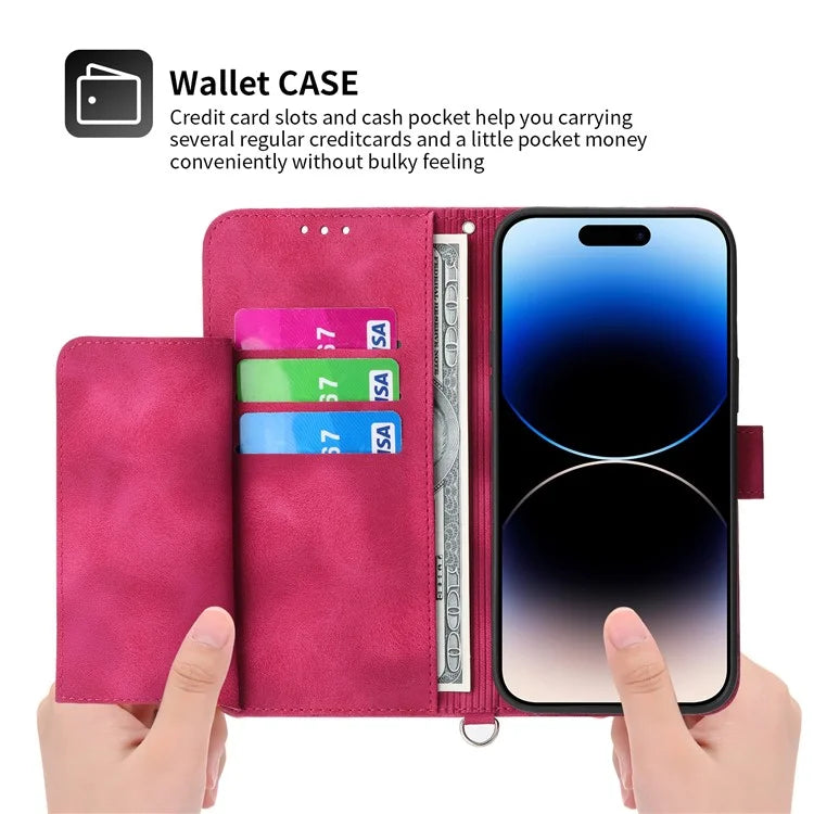 For iPhone 16 Pro Leather Case Multiple Card Slots Phone Cover with 2 Straps