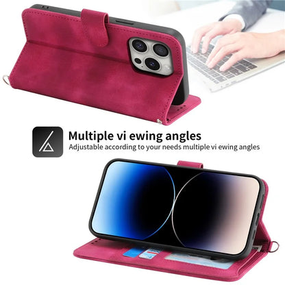 For iPhone 16 Pro Leather Case Multiple Card Slots Phone Cover with 2 Straps