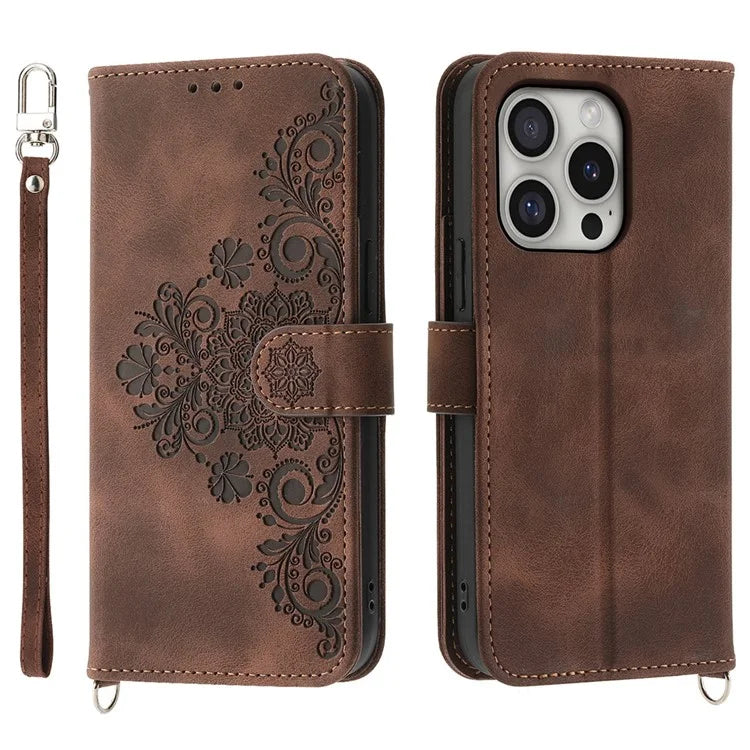 For iPhone 16 Pro Leather Case Multiple Card Slots Phone Cover with 2 Straps