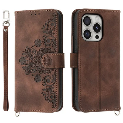 For iPhone 16 Pro Leather Case Multiple Card Slots Phone Cover with 2 Straps