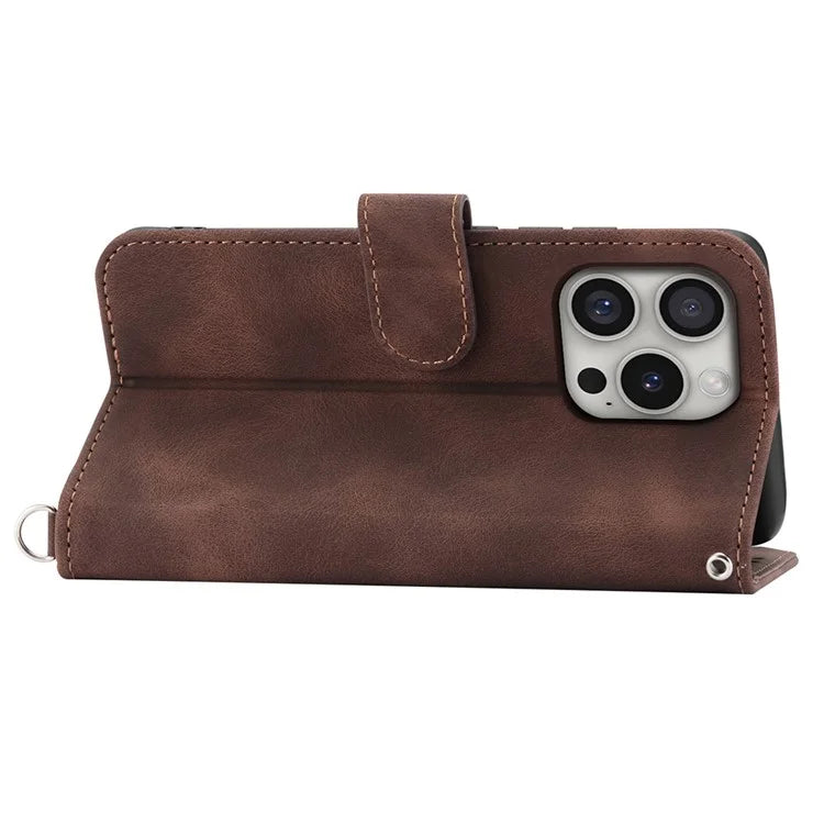 For iPhone 16 Pro Leather Case Multiple Card Slots Phone Cover with 2 Straps