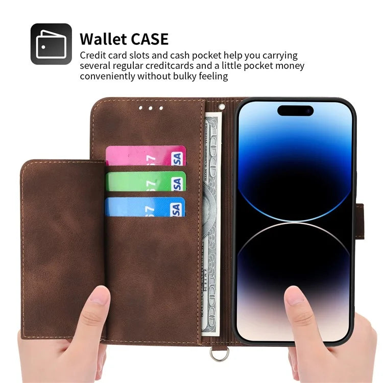 For iPhone 16 Pro Leather Case Multiple Card Slots Phone Cover with 2 Straps