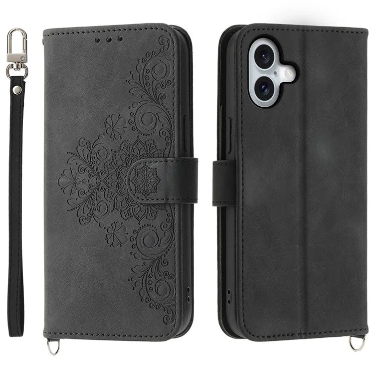 For iPhone 16 Plus Leather Case Multiple Card Slots Phone Cover with 2 Straps