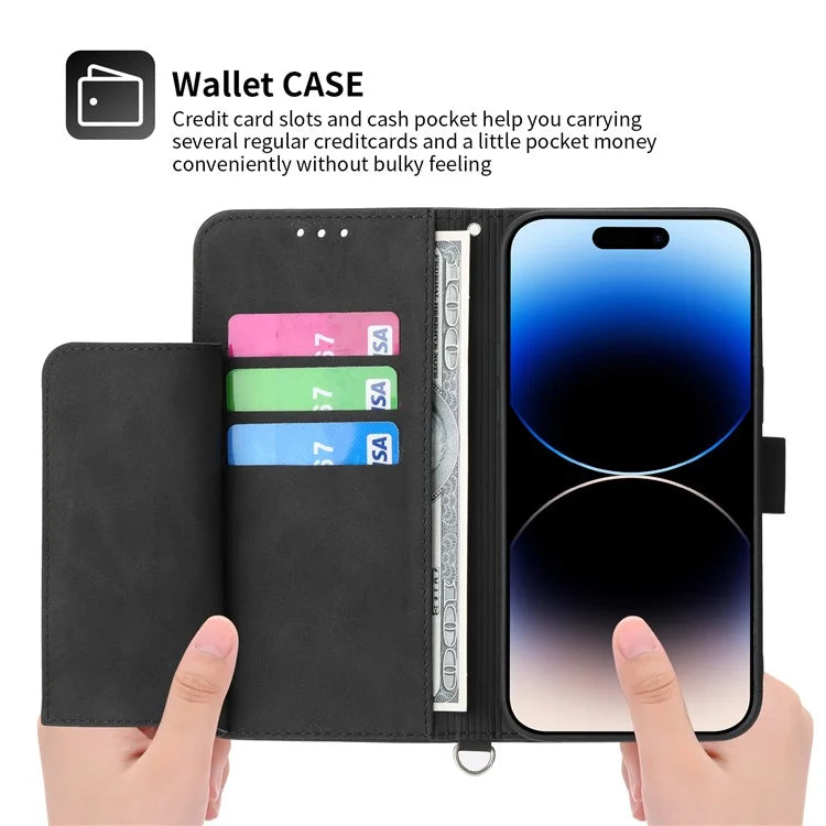 For iPhone 16 Plus Leather Case Multiple Card Slots Phone Cover with 2 Straps