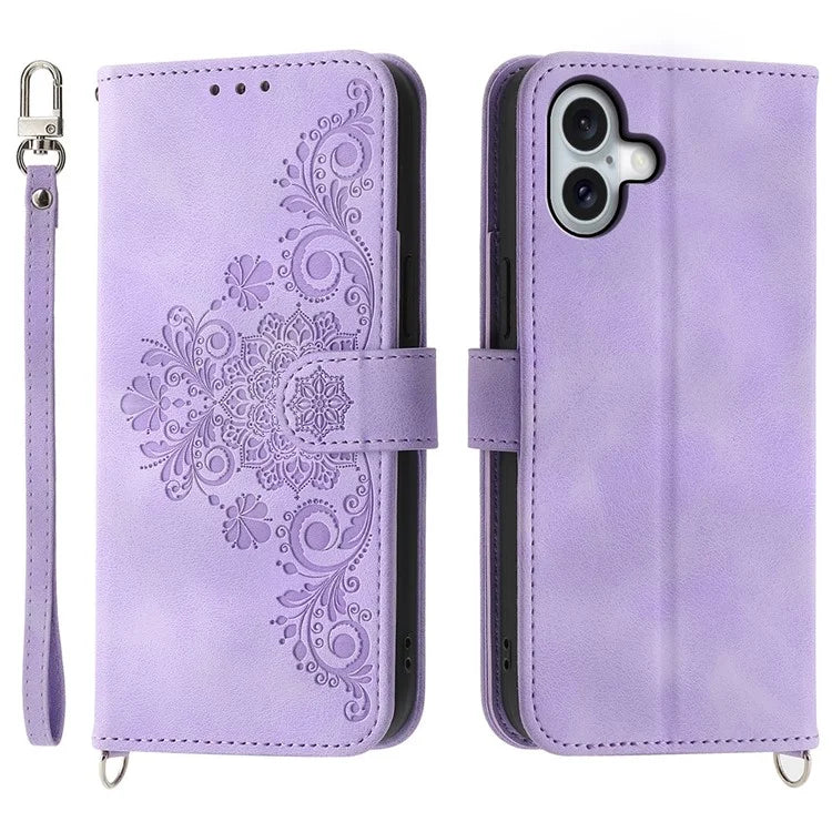 For iPhone 16 Plus Leather Case Multiple Card Slots Phone Cover with 2 Straps