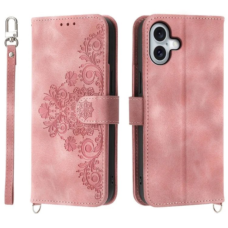 For iPhone 16 Plus Leather Case Multiple Card Slots Phone Cover with 2 Straps
