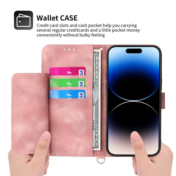 For iPhone 16 Plus Leather Case Multiple Card Slots Phone Cover with 2 Straps