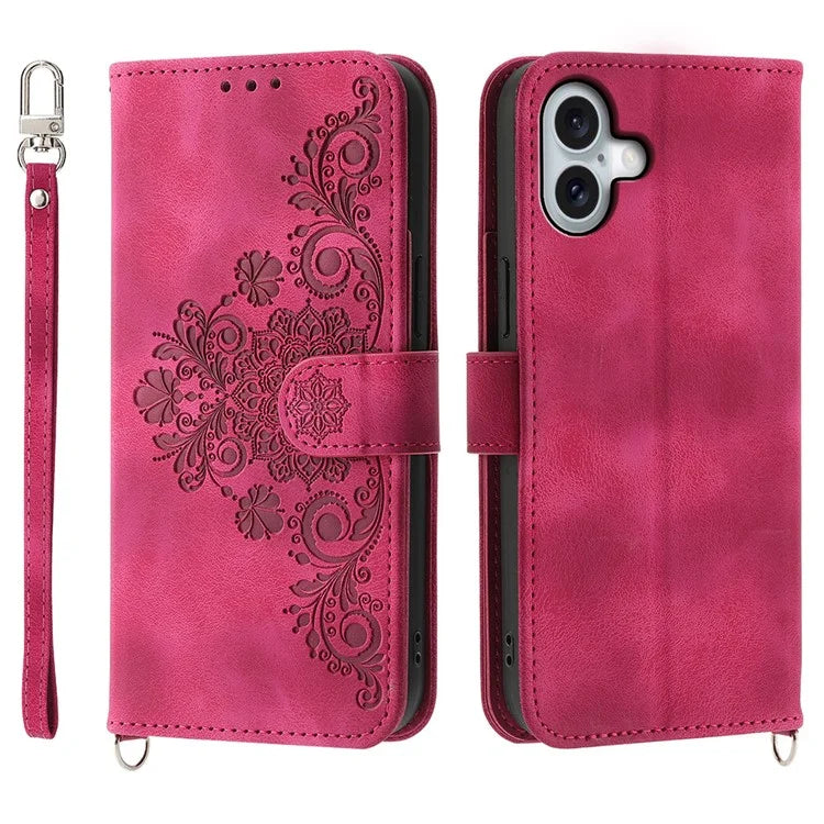 For iPhone 16 Plus Leather Case Multiple Card Slots Phone Cover with 2 Straps
