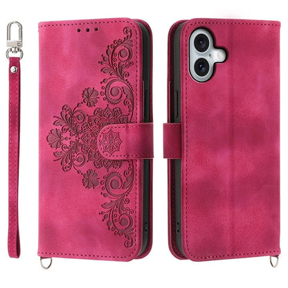 For iPhone 16 Plus Leather Case Multiple Card Slots Phone Cover with 2 Straps