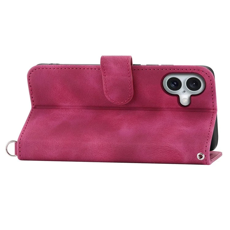 For iPhone 16 Plus Leather Case Multiple Card Slots Phone Cover with 2 Straps