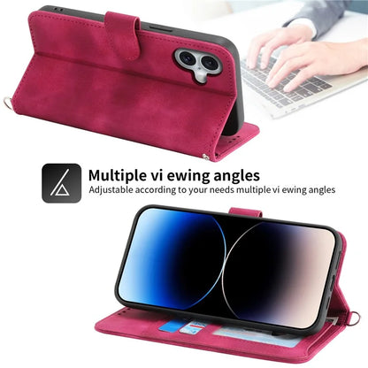For iPhone 16 Plus Leather Case Multiple Card Slots Phone Cover with 2 Straps