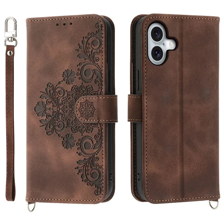 For iPhone 16 Plus Leather Case Multiple Card Slots Phone Cover with 2 Straps