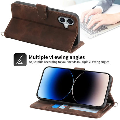 For iPhone 16 Plus Leather Case Multiple Card Slots Phone Cover with 2 Straps