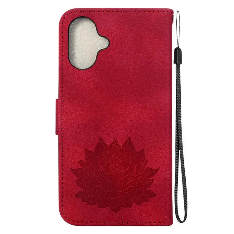 For iPhone 16 Plus Phone Case Lotus Imprint Leather Stand Wallet Cover