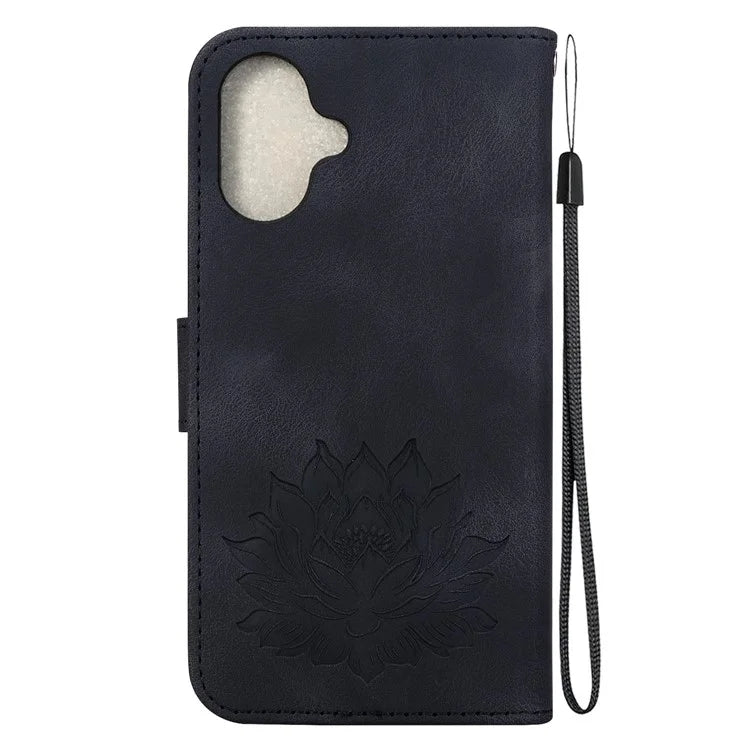 For iPhone 16 Plus Phone Case Lotus Imprint Leather Stand Wallet Cover