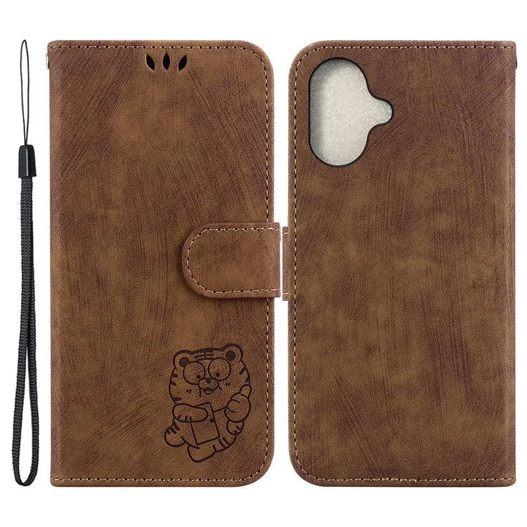 For iPhone 16 Plus Stand Case Cute Tiger Imprint Leather Wallet Phone Cover