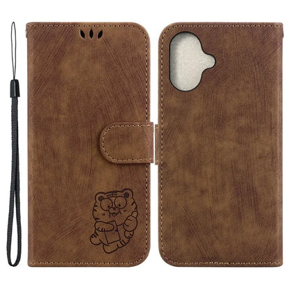 For iPhone 16 Plus Stand Case Cute Tiger Imprint Leather Wallet Phone Cover