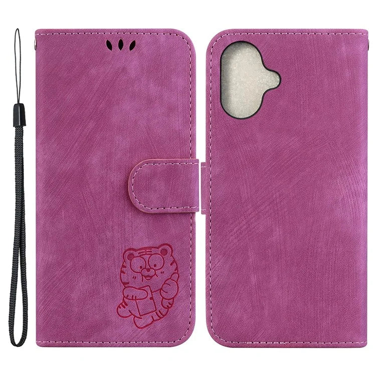 For iPhone 16 Plus Stand Case Cute Tiger Imprint Leather Wallet Phone Cover