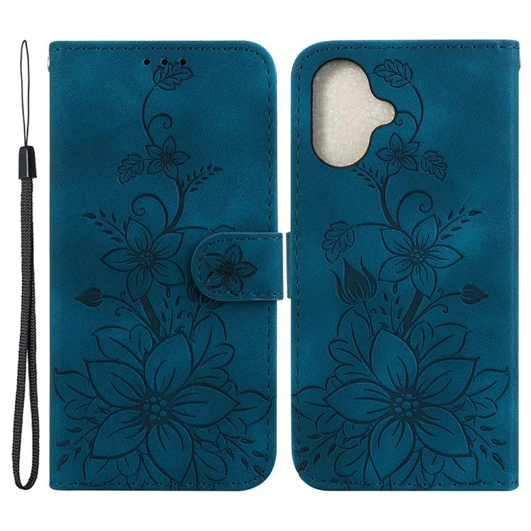 For iPhone 16 Plus Wallet Case PU Leather Phone Cover Flower Imprinted