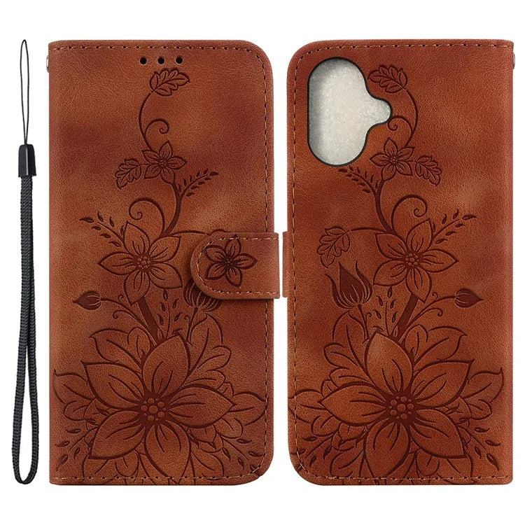 For iPhone 16 Plus Wallet Case PU Leather Phone Cover Flower Imprinted