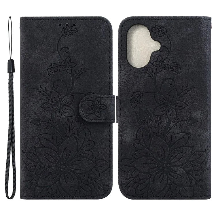 For iPhone 16 Plus Wallet Case PU Leather Phone Cover Flower Imprinted