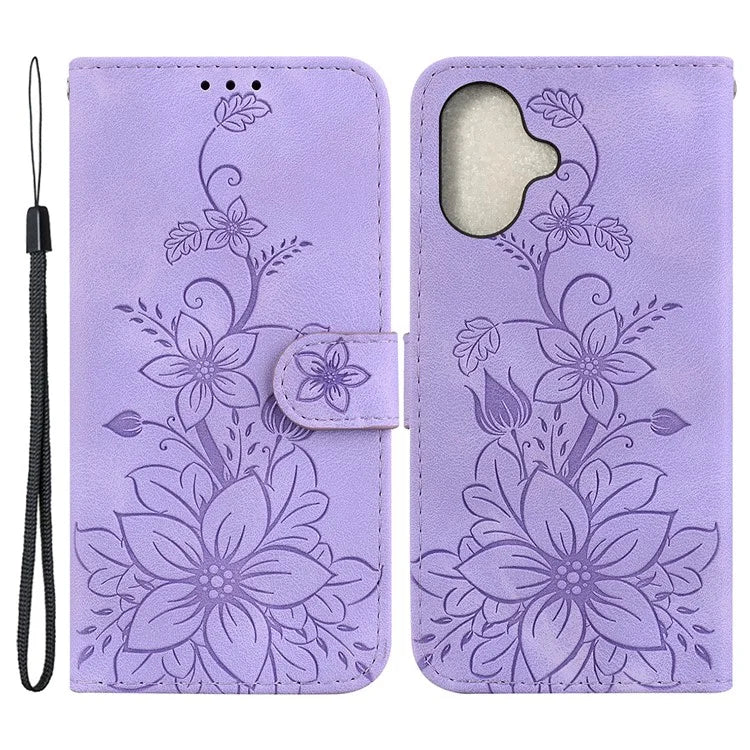 For iPhone 16 Plus Wallet Case PU Leather Phone Cover Flower Imprinted